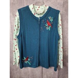 Vtg 2 pc Cardigan Set Womens Sz XL Vest and Top Holiday Birds Christmas Teacher